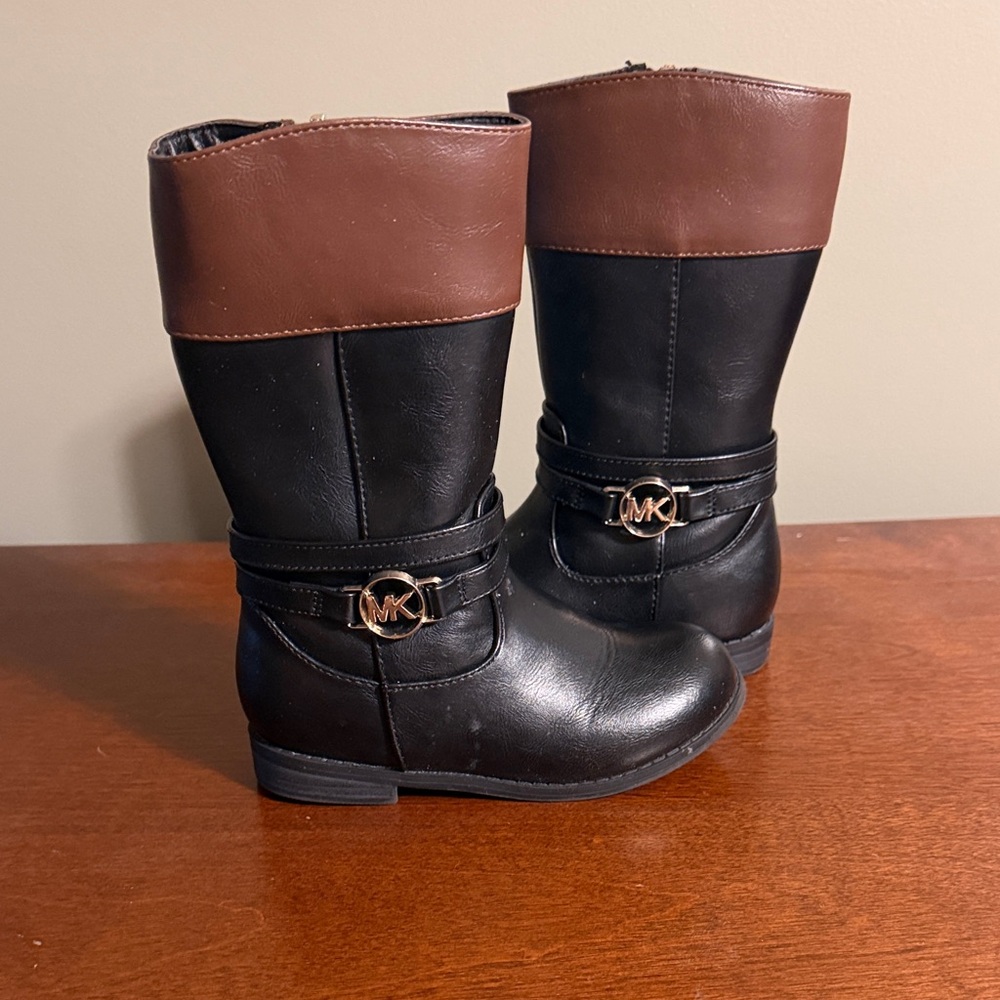Michael Kors Kids Black Riding Boots with Brown Cuff and MK Accent